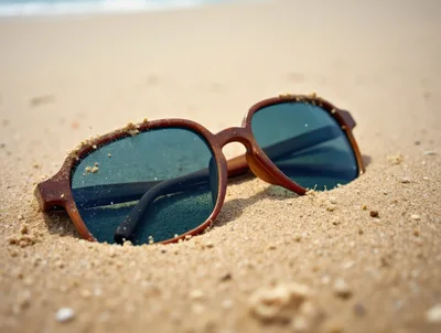 Brown Sunglasses Resting On Sandy Beach
