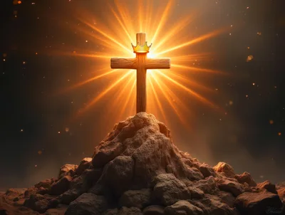 Wooden Cross With Golden Crown On Rocky Hill