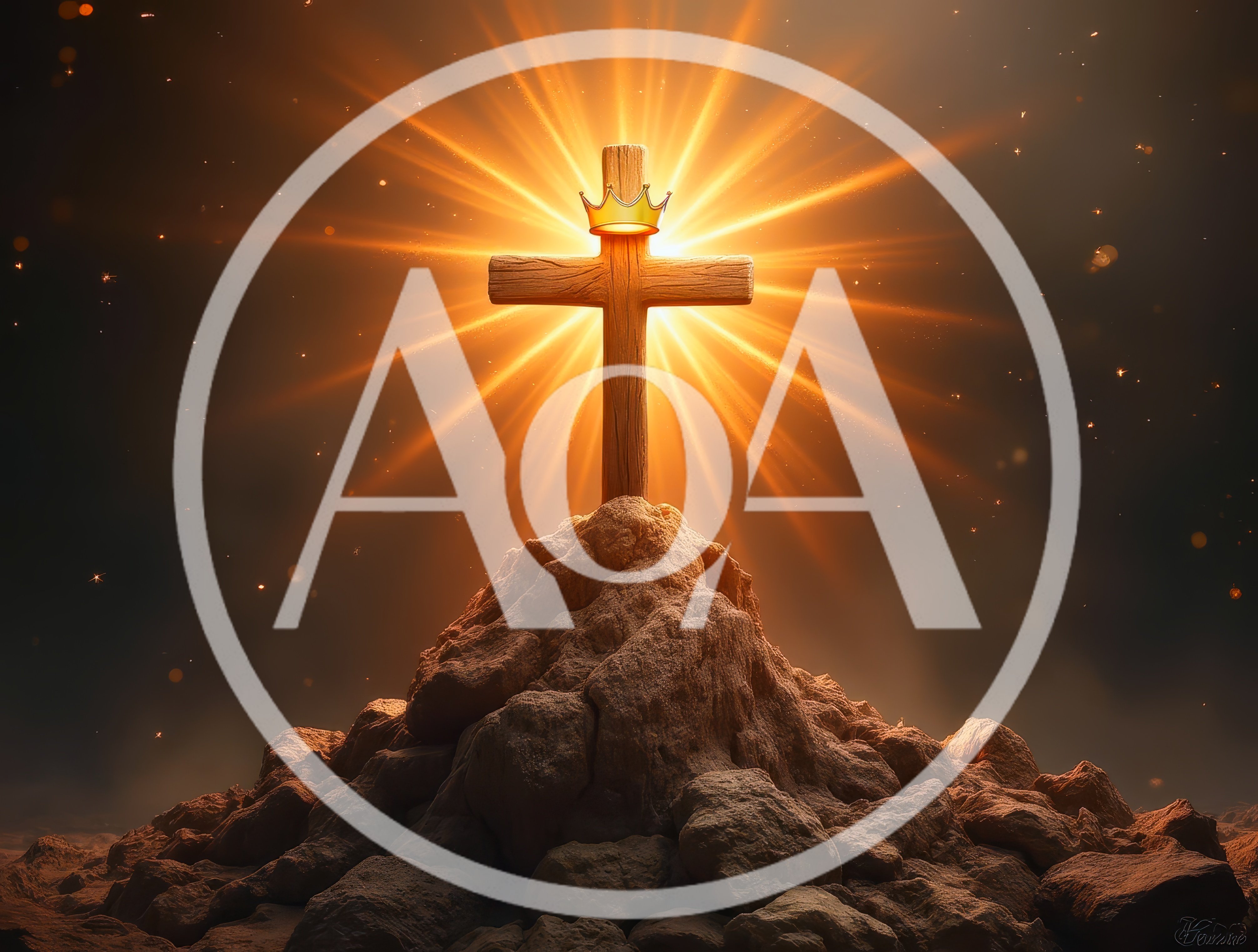 Wooden Cross With Golden Crown On Rocky Hill