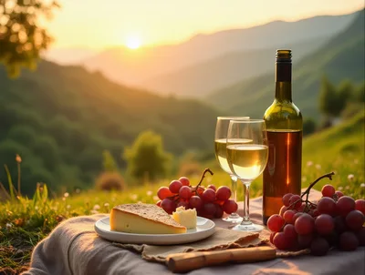 Picnic With Wine And Cheese At Sunset