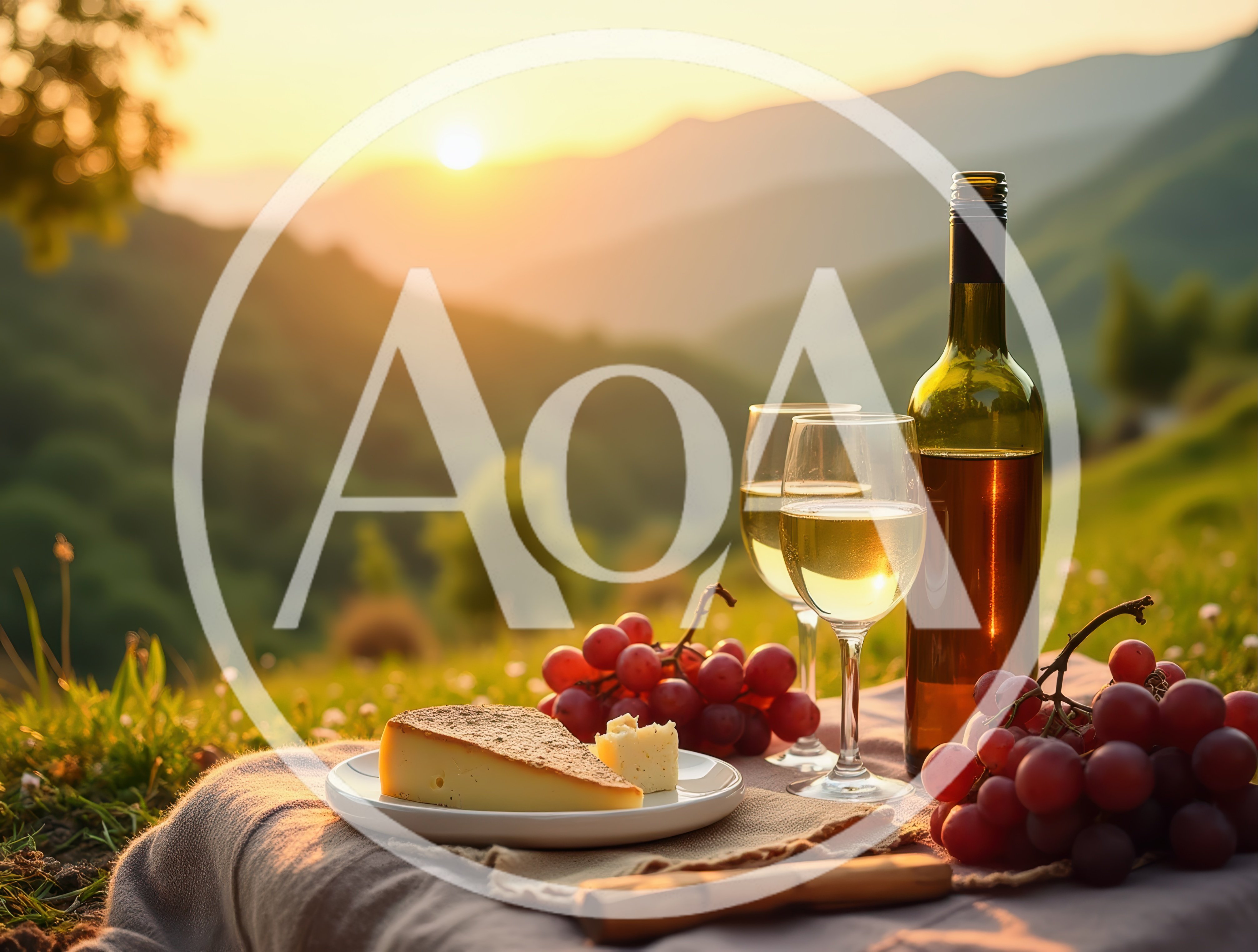 Picnic With Wine And Cheese At Sunset