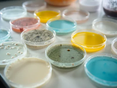 Laboratory Petri Dishes With Various Colorful Microbial Cultures
