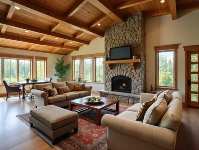 Cozy Living Room With Stone Fireplace And Vaulted Ceiling