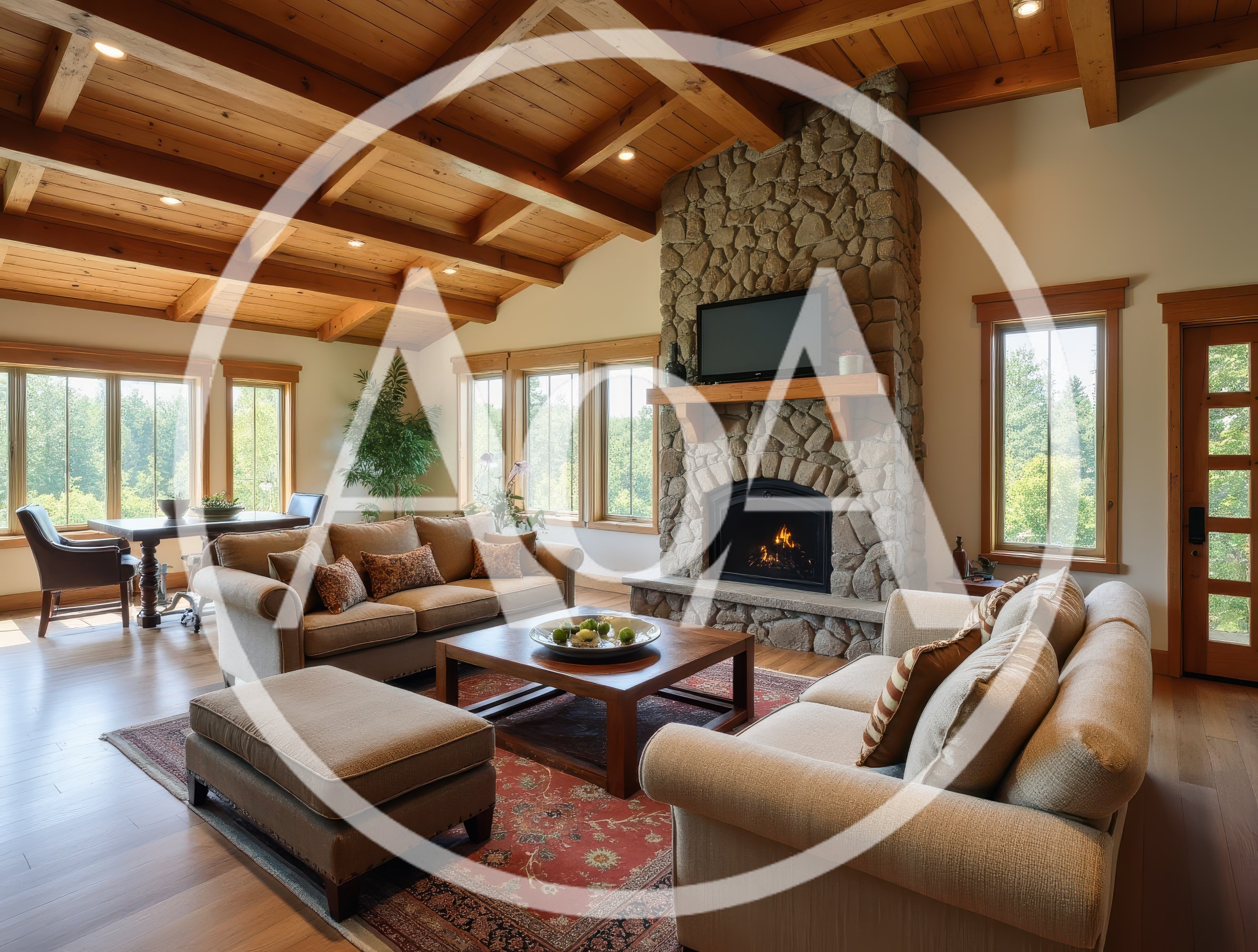 Cozy Living Room With Stone Fireplace And Vaulted Ceiling