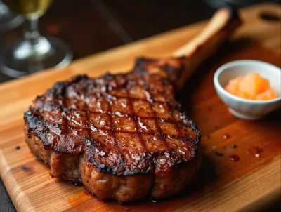 Grilled Tomahawk Steak Served On Wooden Board
