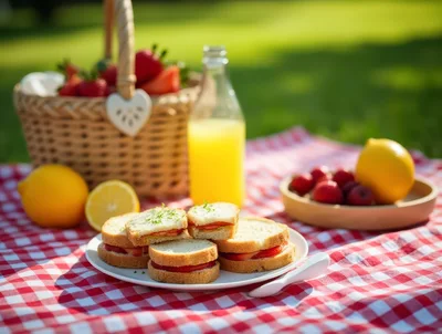 Picnic Setup With Sandwiches And Strawberries On Red Blanket