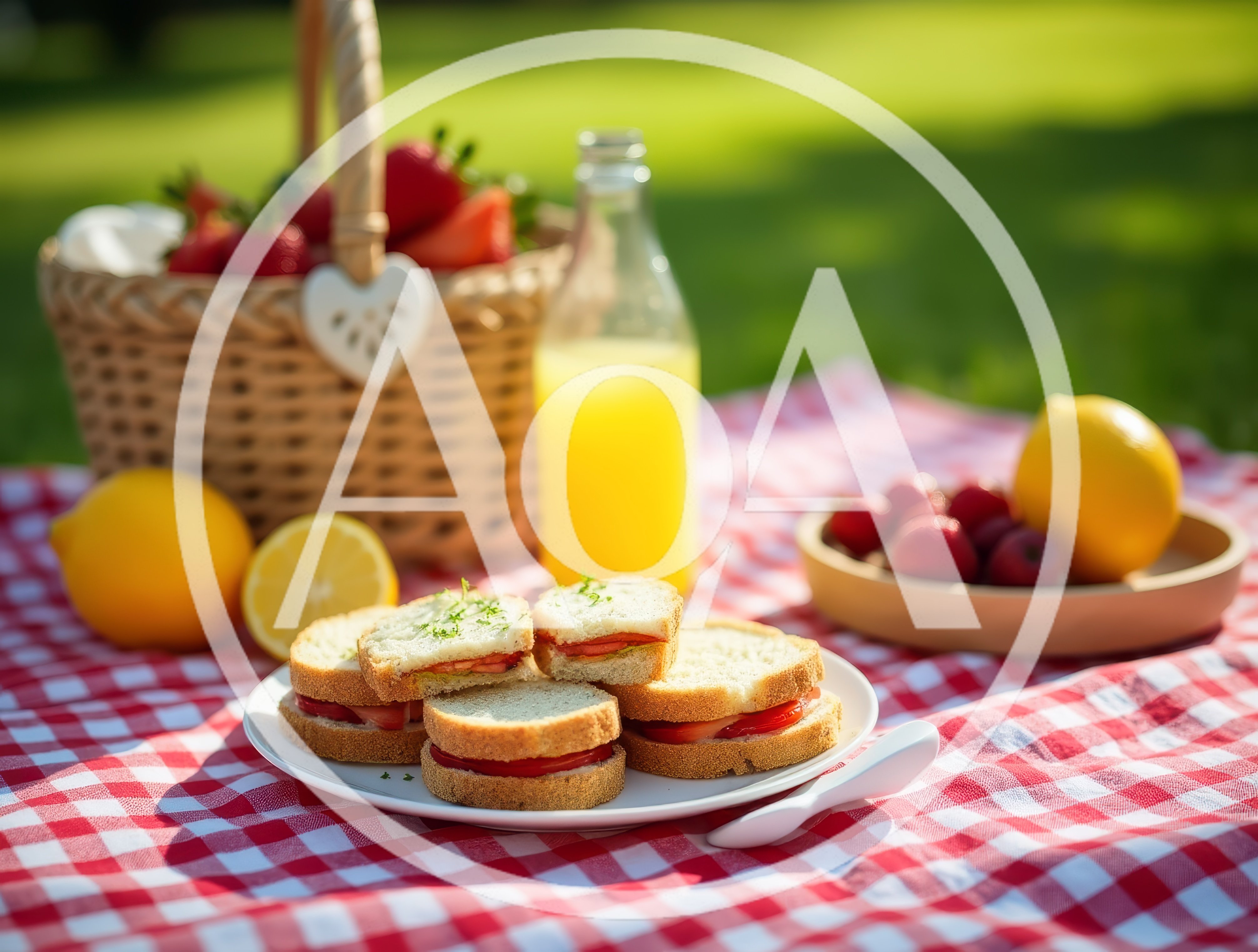 Picnic Setup With Sandwiches And Strawberries On Red Blanket