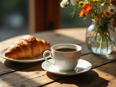 Morning Coffee With A Fresh Croissant And Flowers