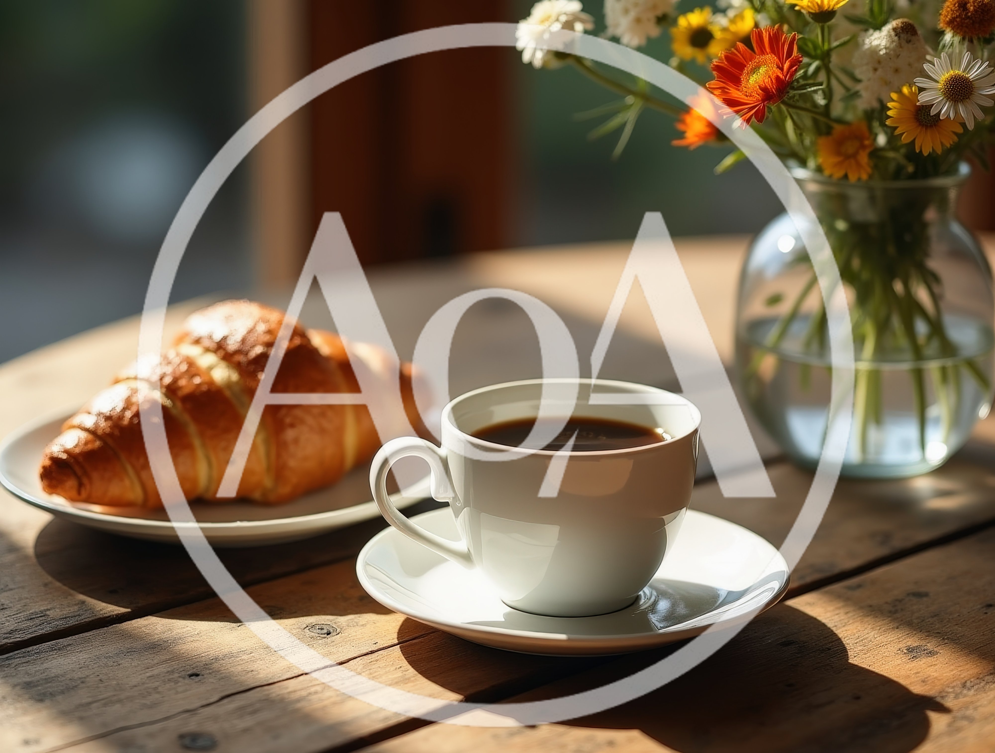 Morning Coffee With A Fresh Croissant And Flowers