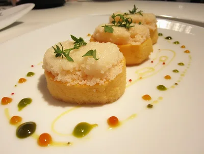 Gourmet Appetizer With Granita Topping On White Plate