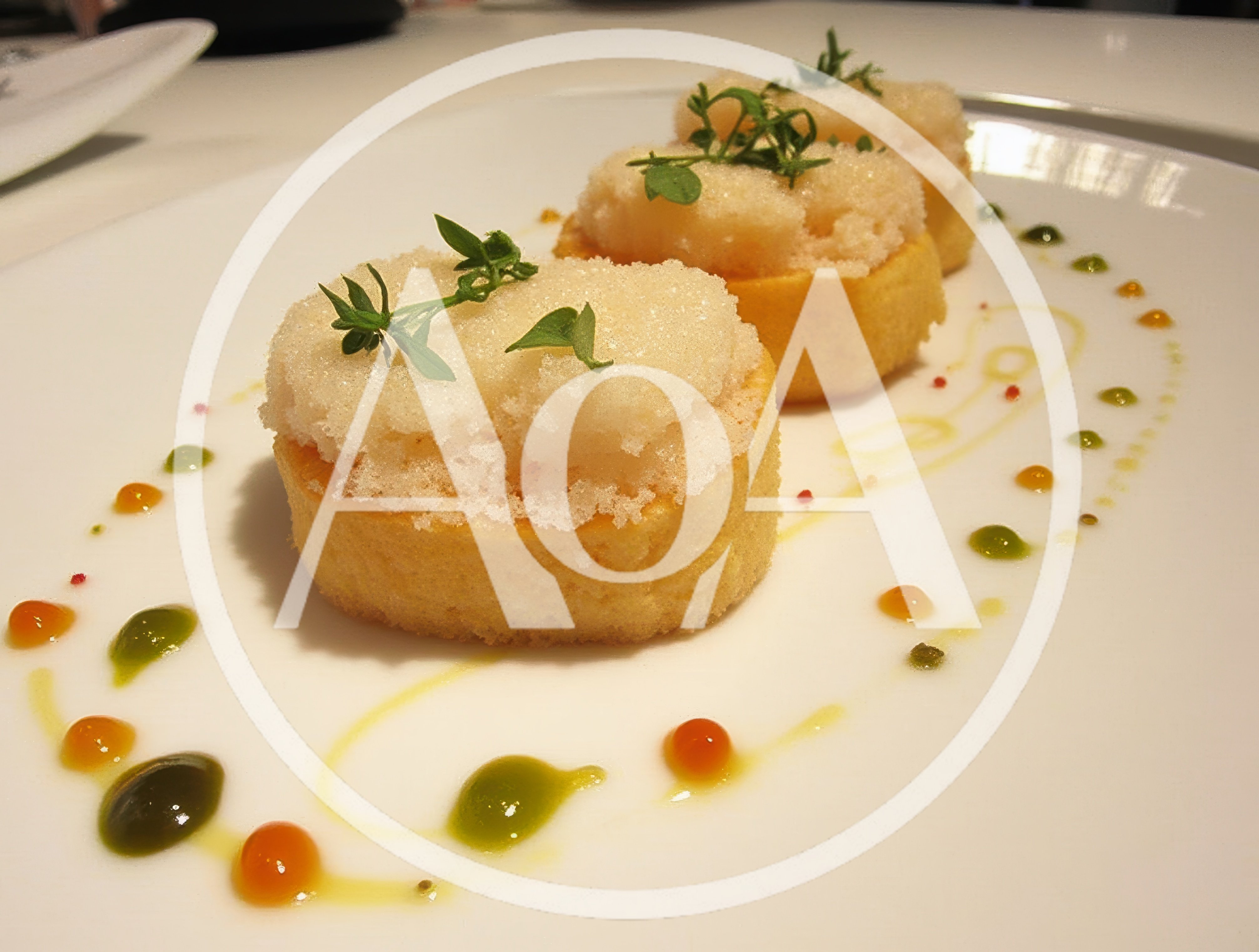 Gourmet Appetizer With Granita Topping On White Plate