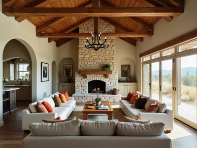 Spacious Living Room With Stone Fireplace And Vaulted Ceiling