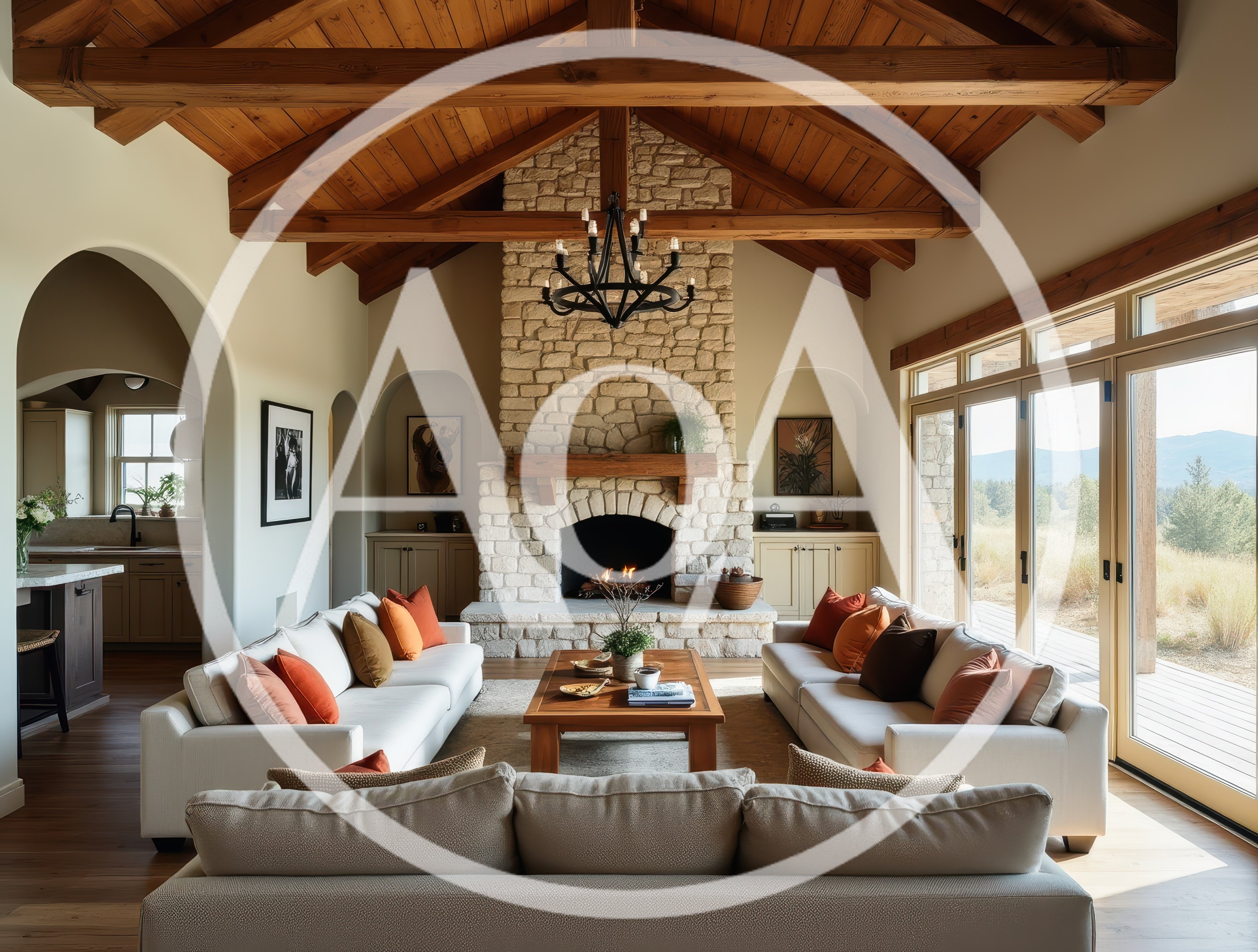 Spacious Living Room With Stone Fireplace And Vaulted Ceiling