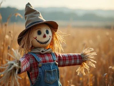 Scarecrow Standing In A Golden Autumn Field