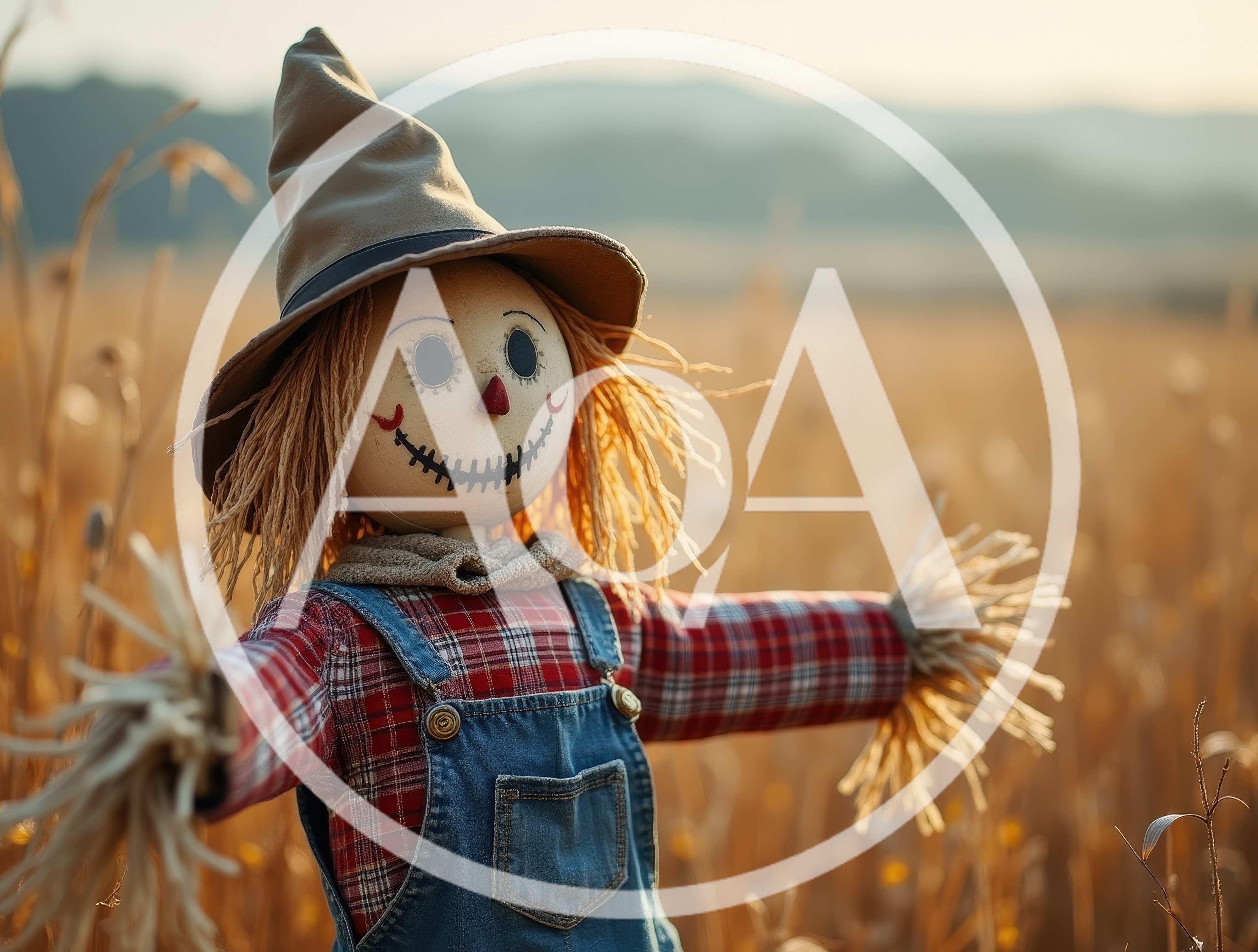 Scarecrow Standing In A Golden Autumn Field