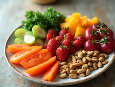 Healthy Plate With Fresh Fruit Vegetables And Almonds