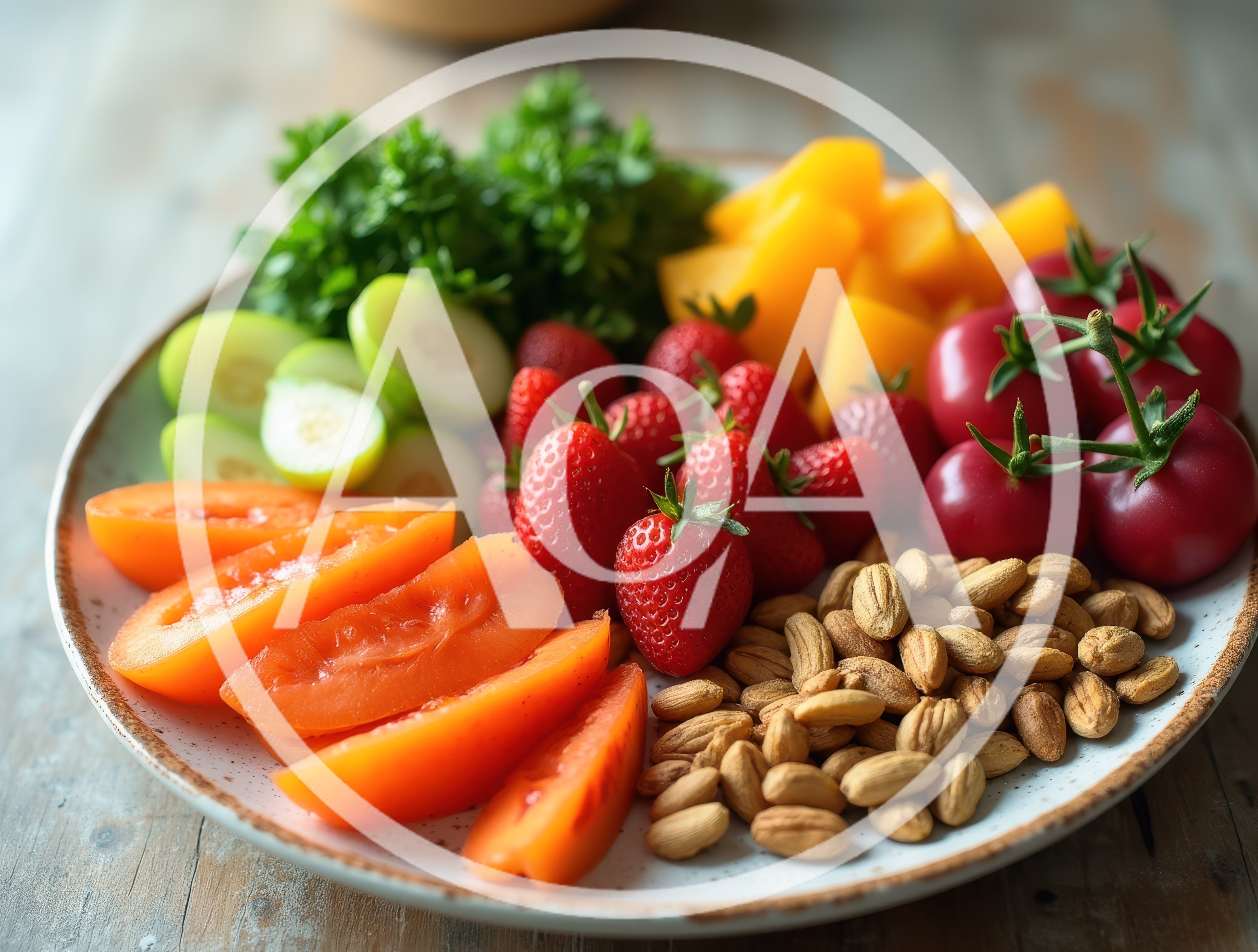 Healthy Plate With Fresh Fruit Vegetables And Almonds