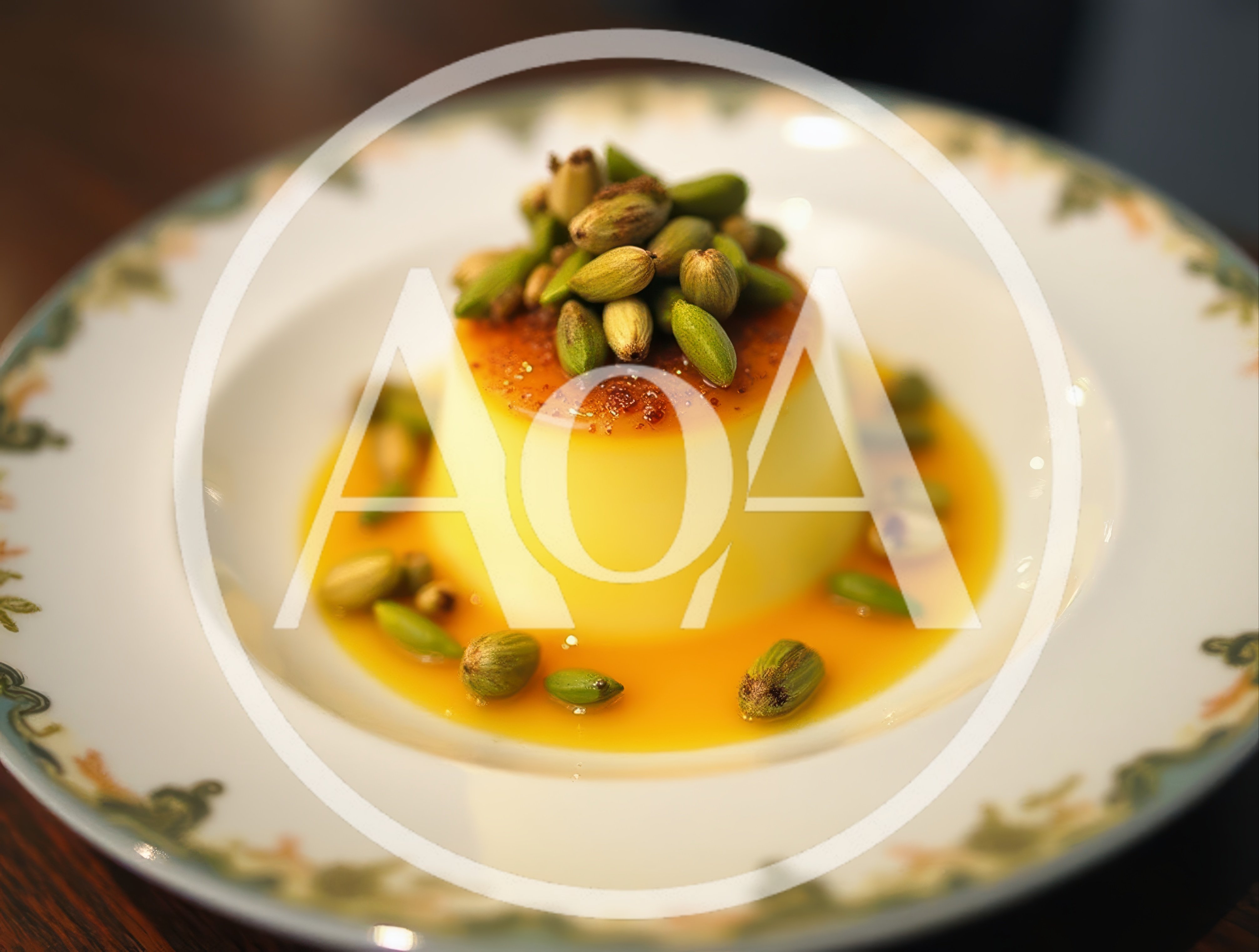 Gourmet Flan Dessert Topped With Green Cardamom Pods
