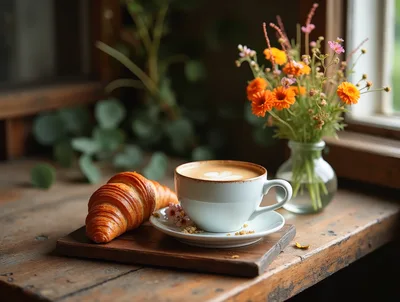Fresh Croissant And Latte On A Rustic Wooden Table