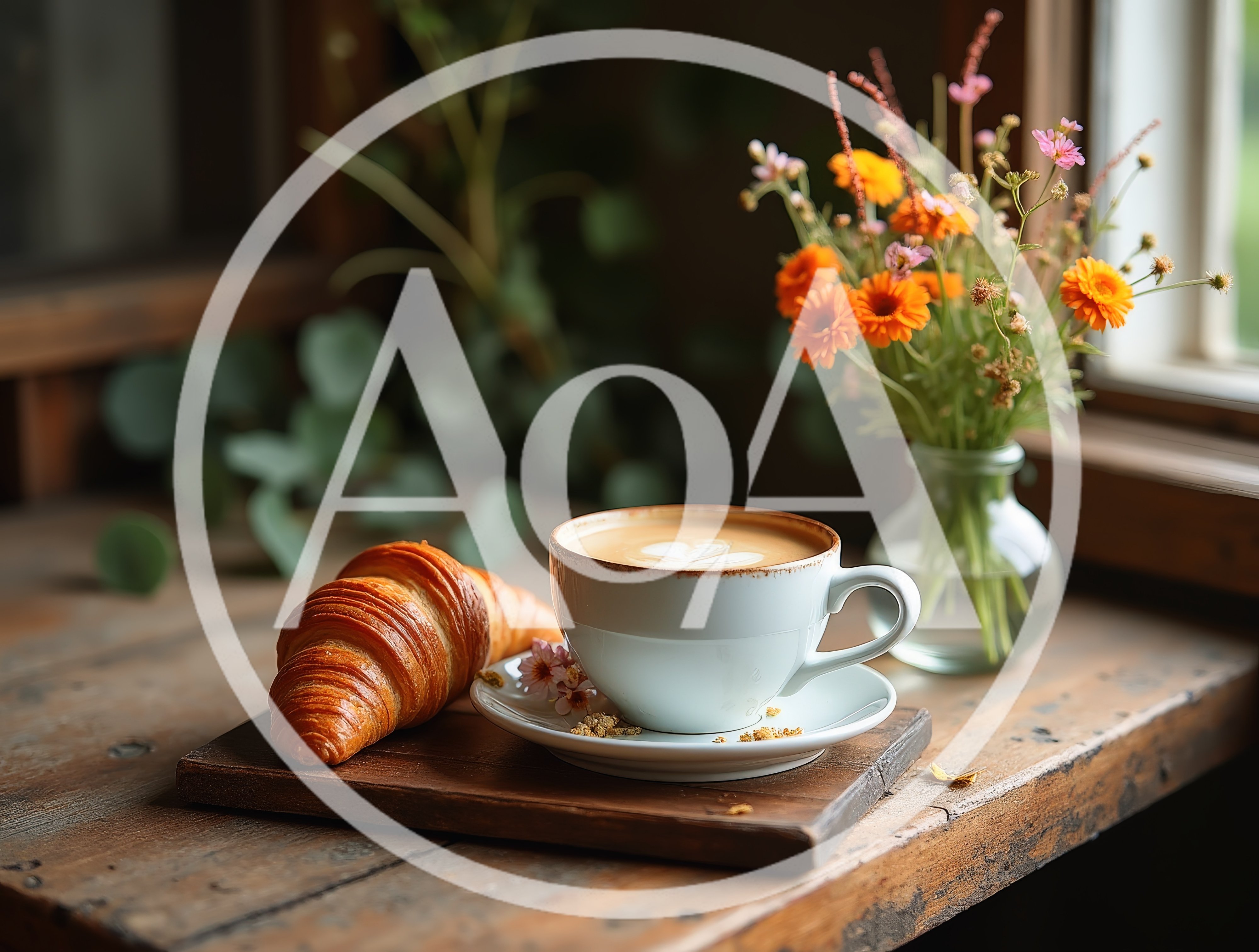 Fresh Croissant And Latte On A Rustic Wooden Table