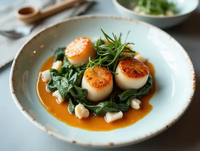 Gourmet Seared Scallops With Spinach And Sauce