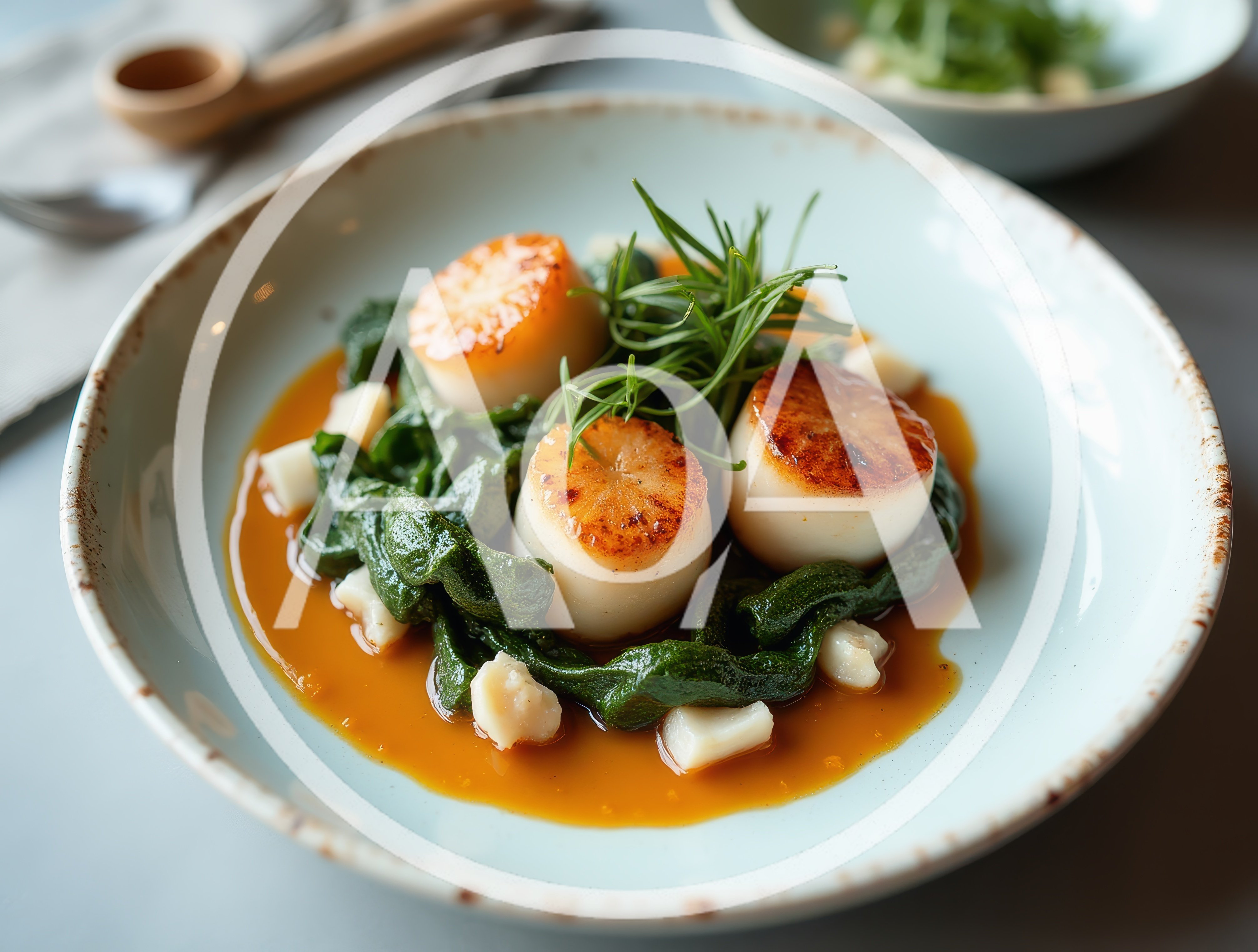 Gourmet Seared Scallops With Spinach And Sauce