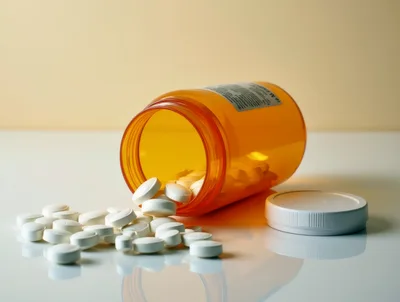 Pills Spilling From An Open Prescription Bottle