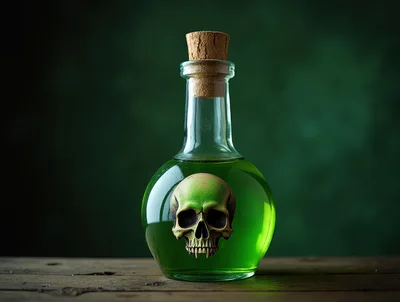 Green Poison Potion Bottle With Skull Label