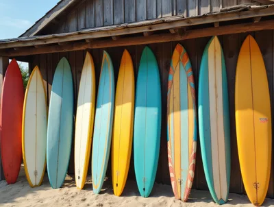 Row Of Colorful Surfboards Leaning Against A Wooden Shack