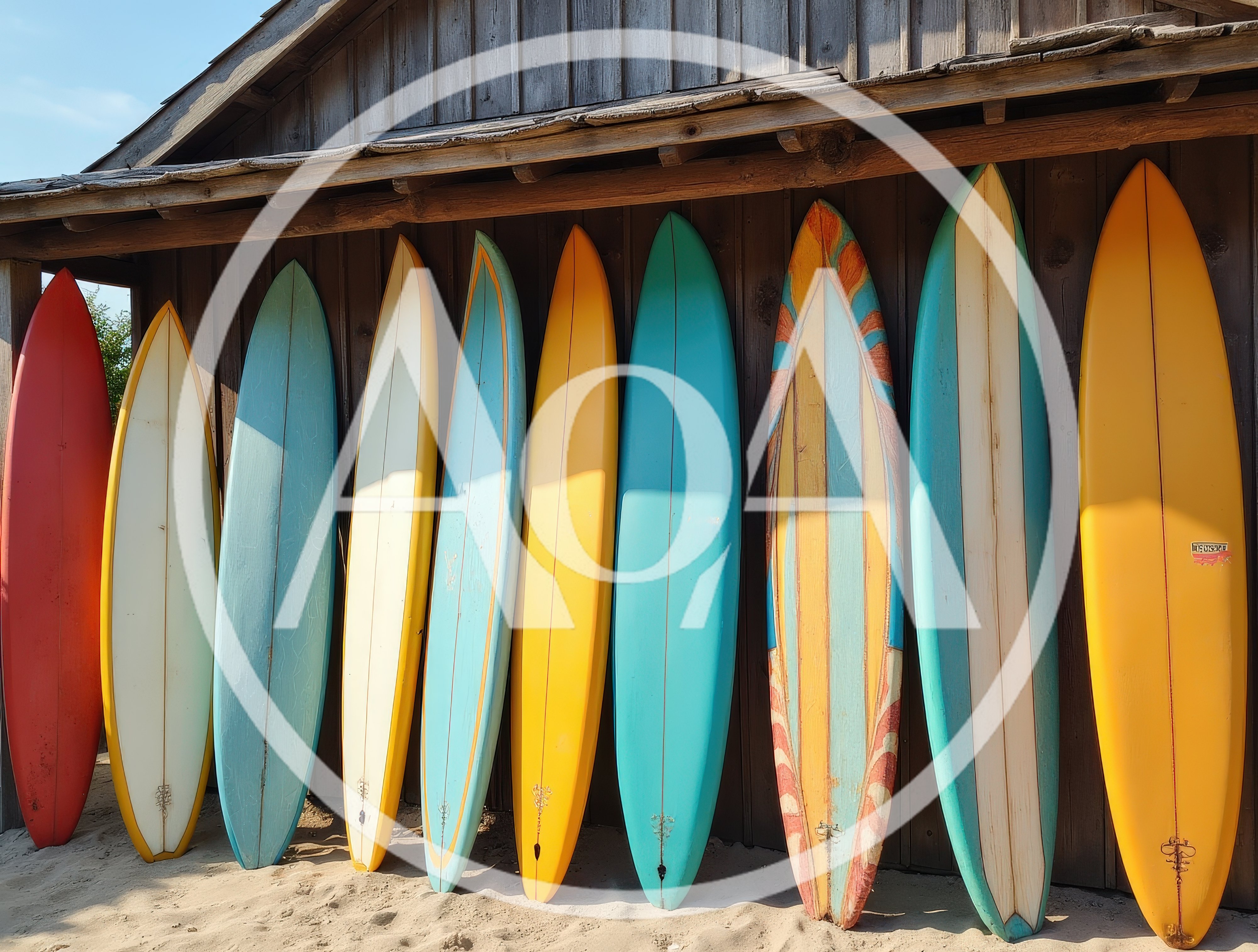 Row Of Colorful Surfboards Leaning Against A Wooden Shack