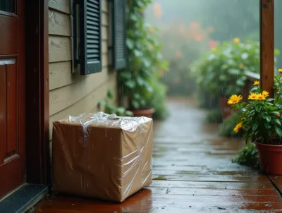 Cardboard Package Delivered On Rainy Porch