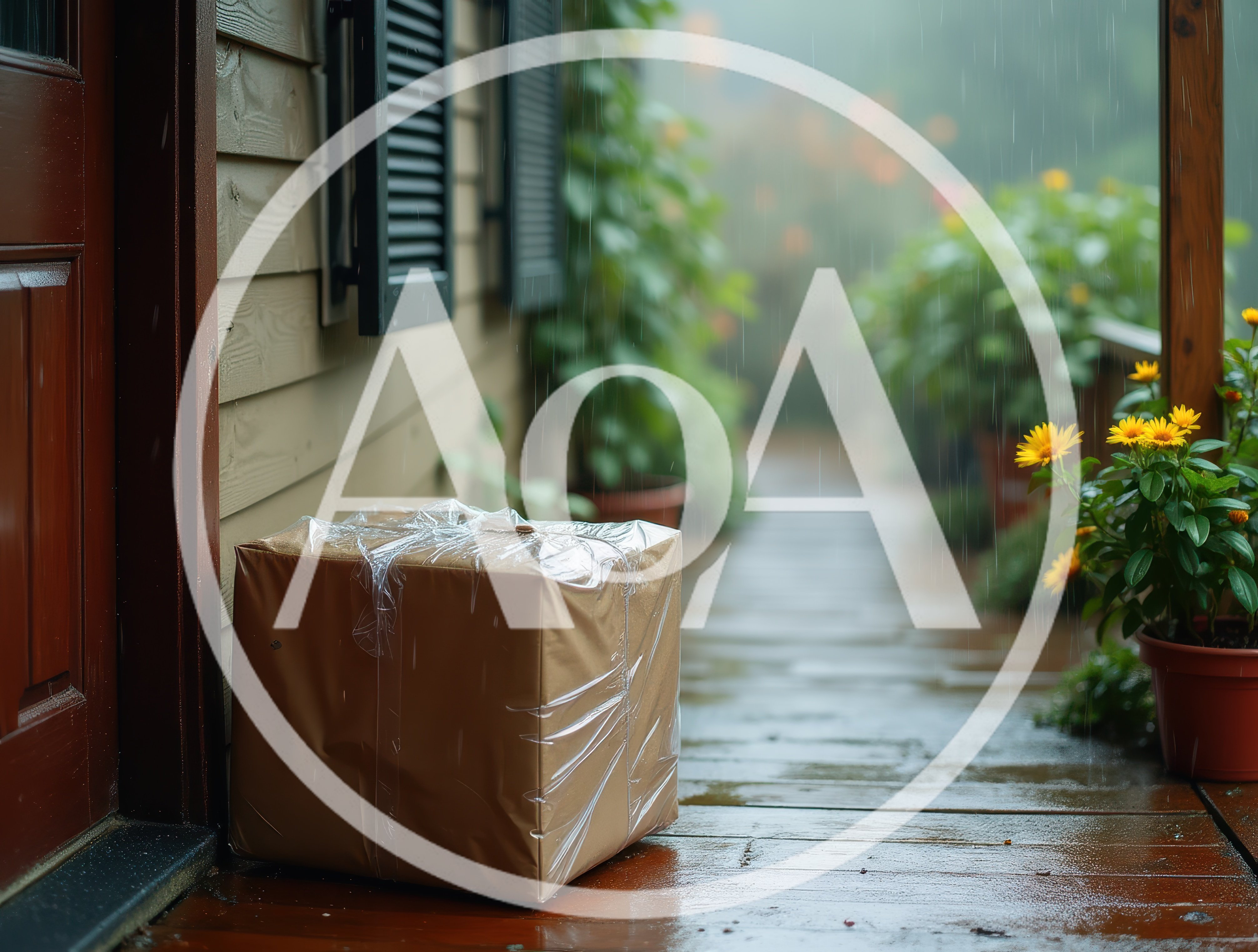 Cardboard Package Delivered On Rainy Porch