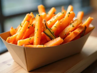 Crispy Sweet Potato Fries In A Paper Tray