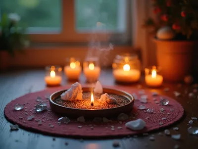 Candle Burning In A Sand Bowl With Crystals