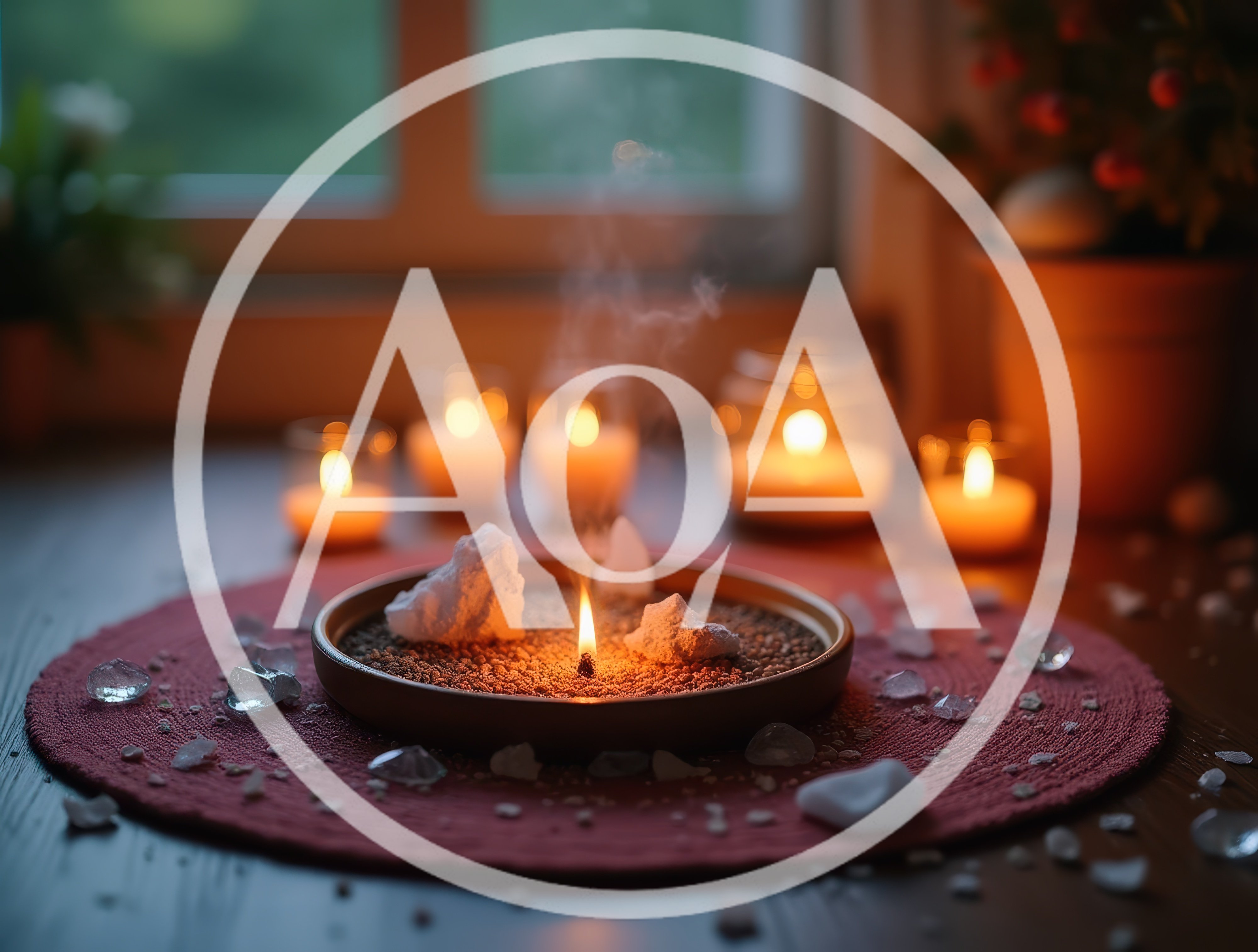 Candle Burning In A Sand Bowl With Crystals