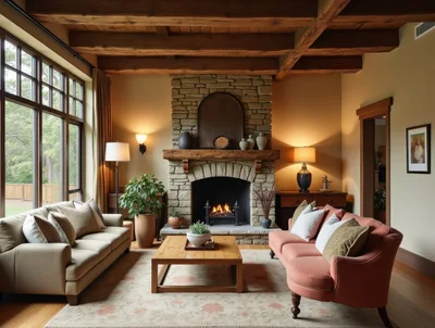 Cozy Rustic Living Room With Stone Fireplace