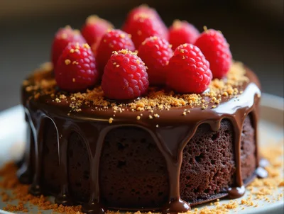 Chocolate Ganache Cake Topped With Fresh Raspberries