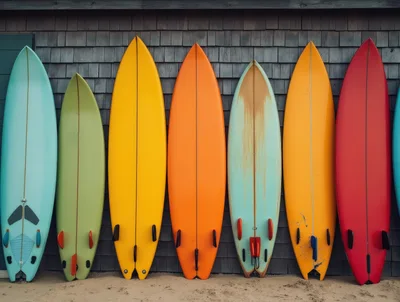 Row Of Colorful Surfboards Leaning Against Wooden Wall