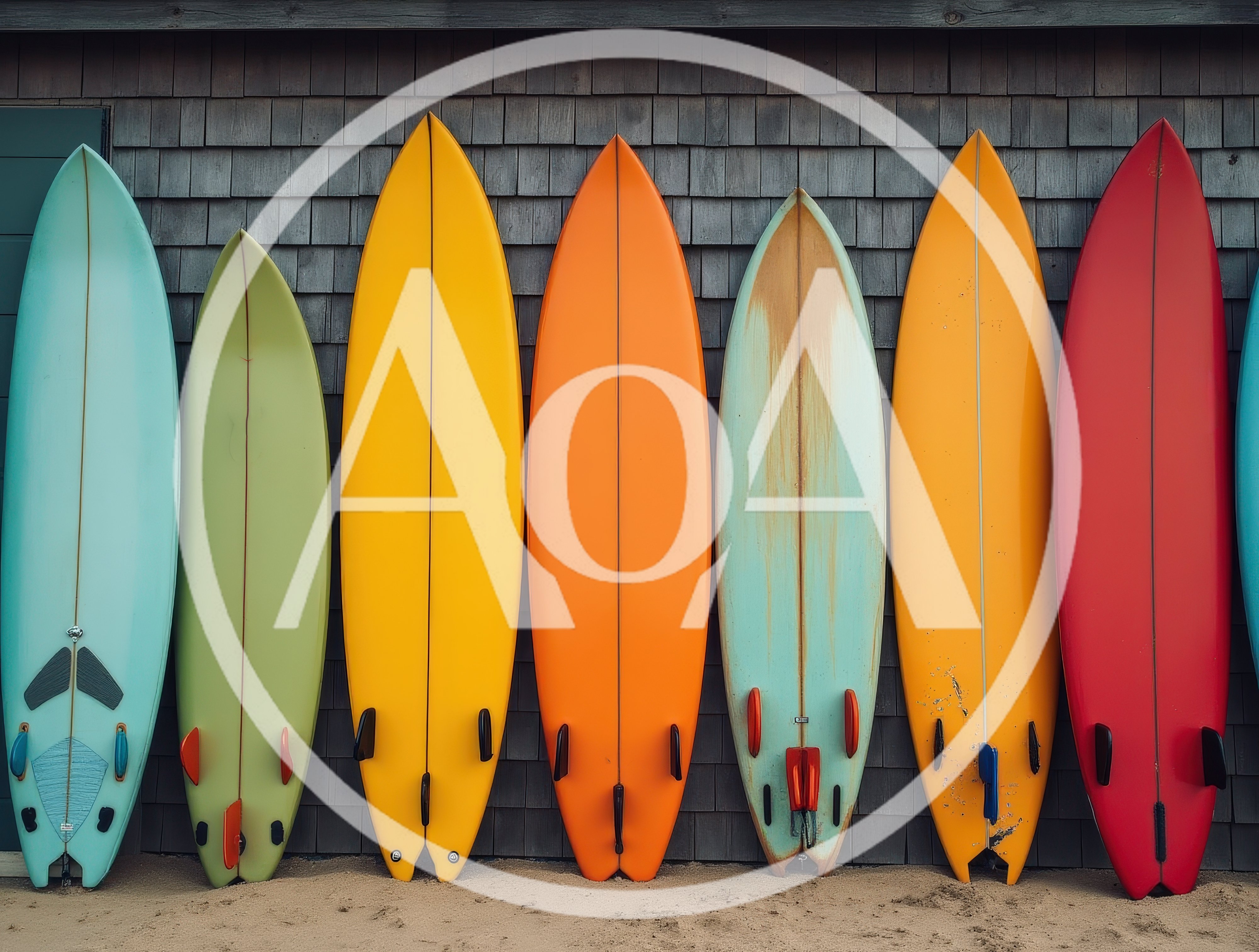Row Of Colorful Surfboards Leaning Against Wooden Wall