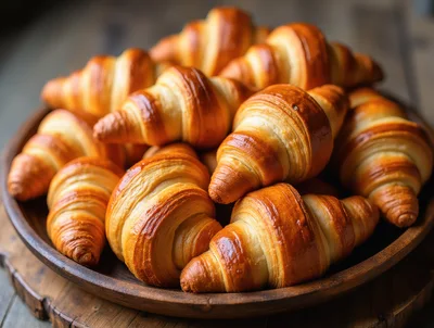 Freshly Baked Golden Croissants On A Wooden Plate