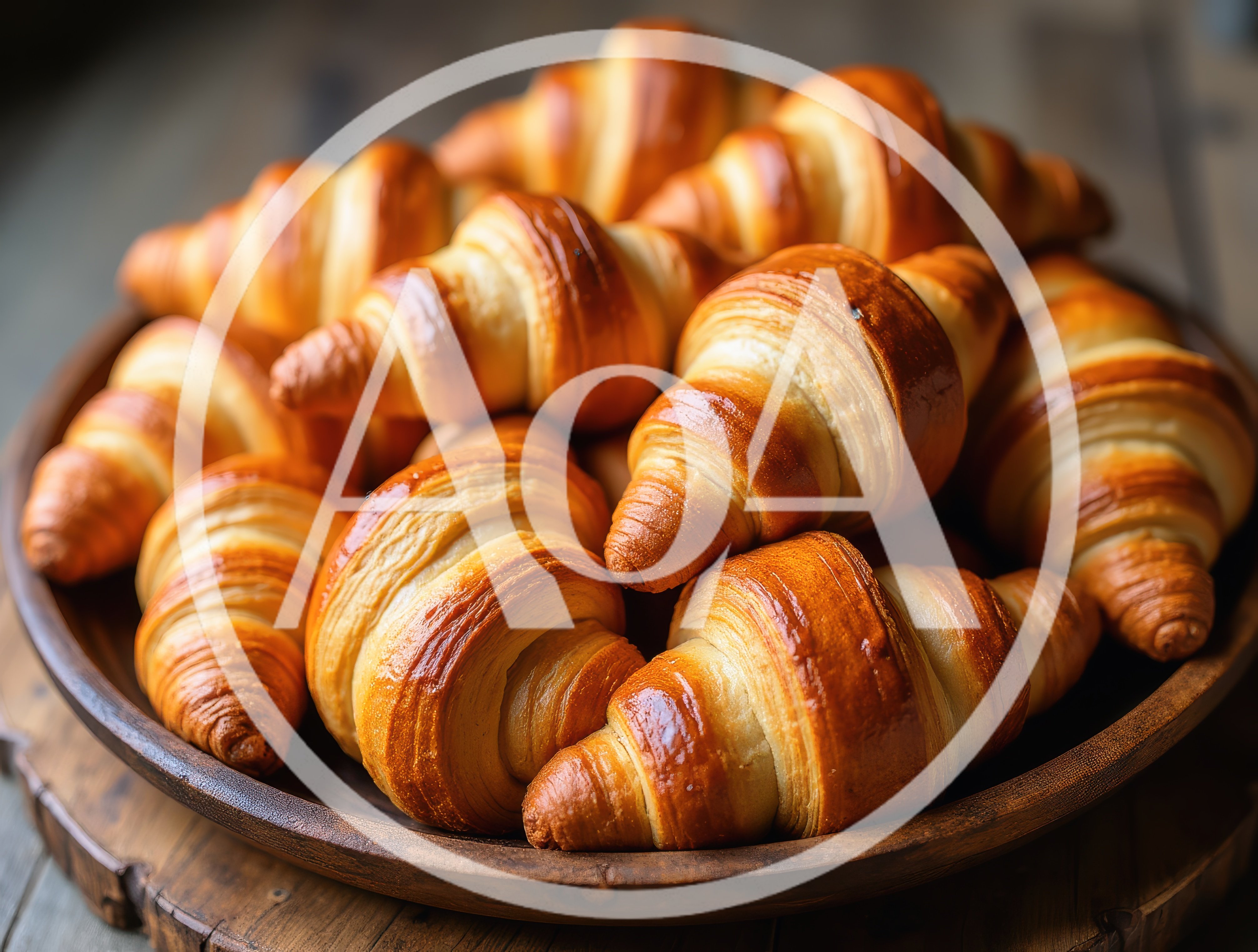 Freshly Baked Golden Croissants On A Wooden Plate