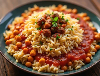 Bowl Of Rice With Chickpeas And Meatballs