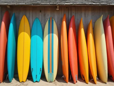 Colorful Surfboards Lined Up Against A Wooden Wall