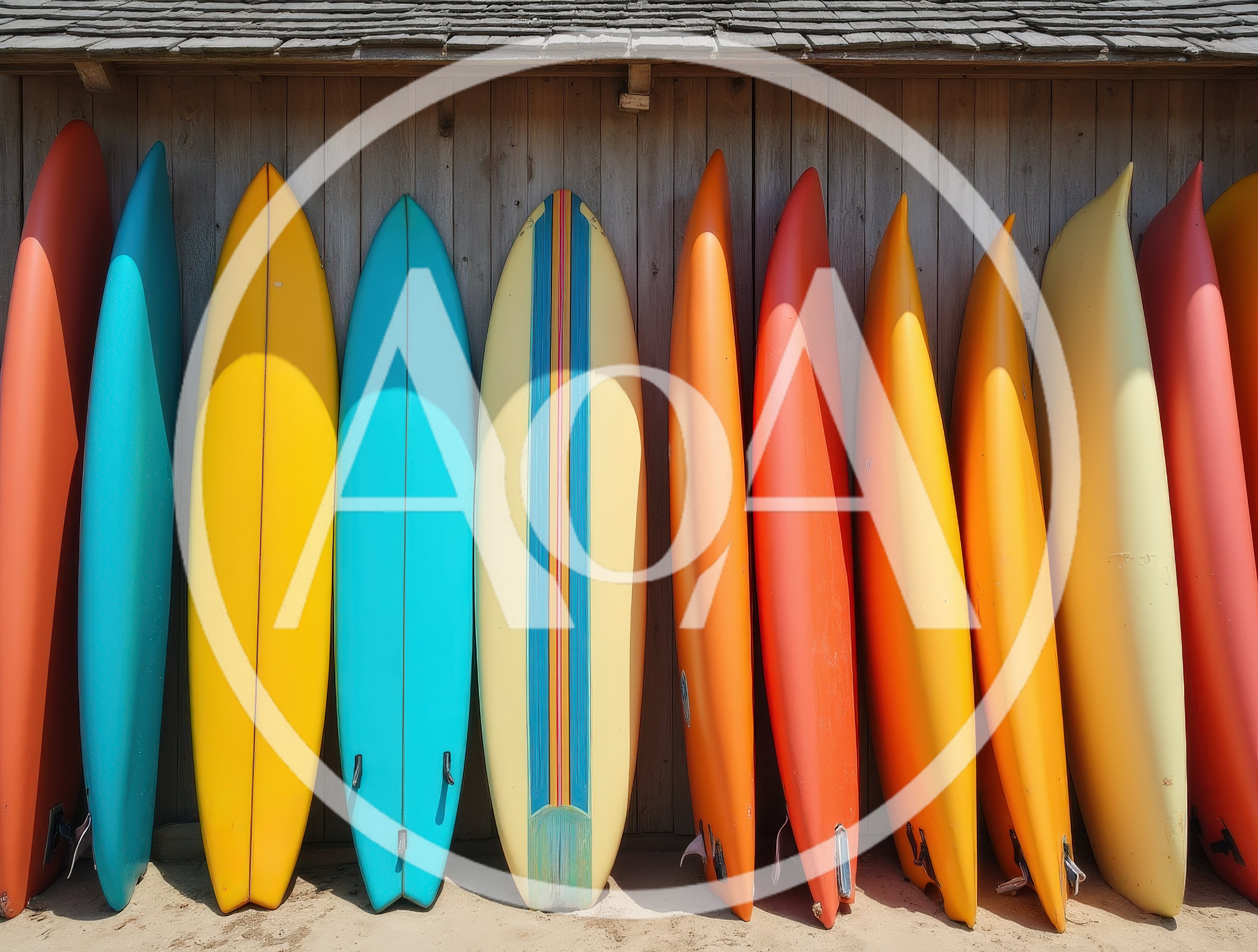 Colorful Surfboards Lined Up Against A Wooden Wall