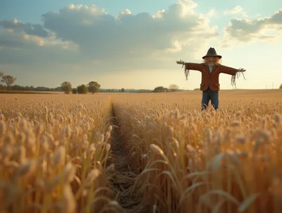 Scarecrow Standing In A Golden Wheat Field