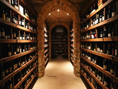 Wine Cellar With Stone Archway And Wooden Shelves