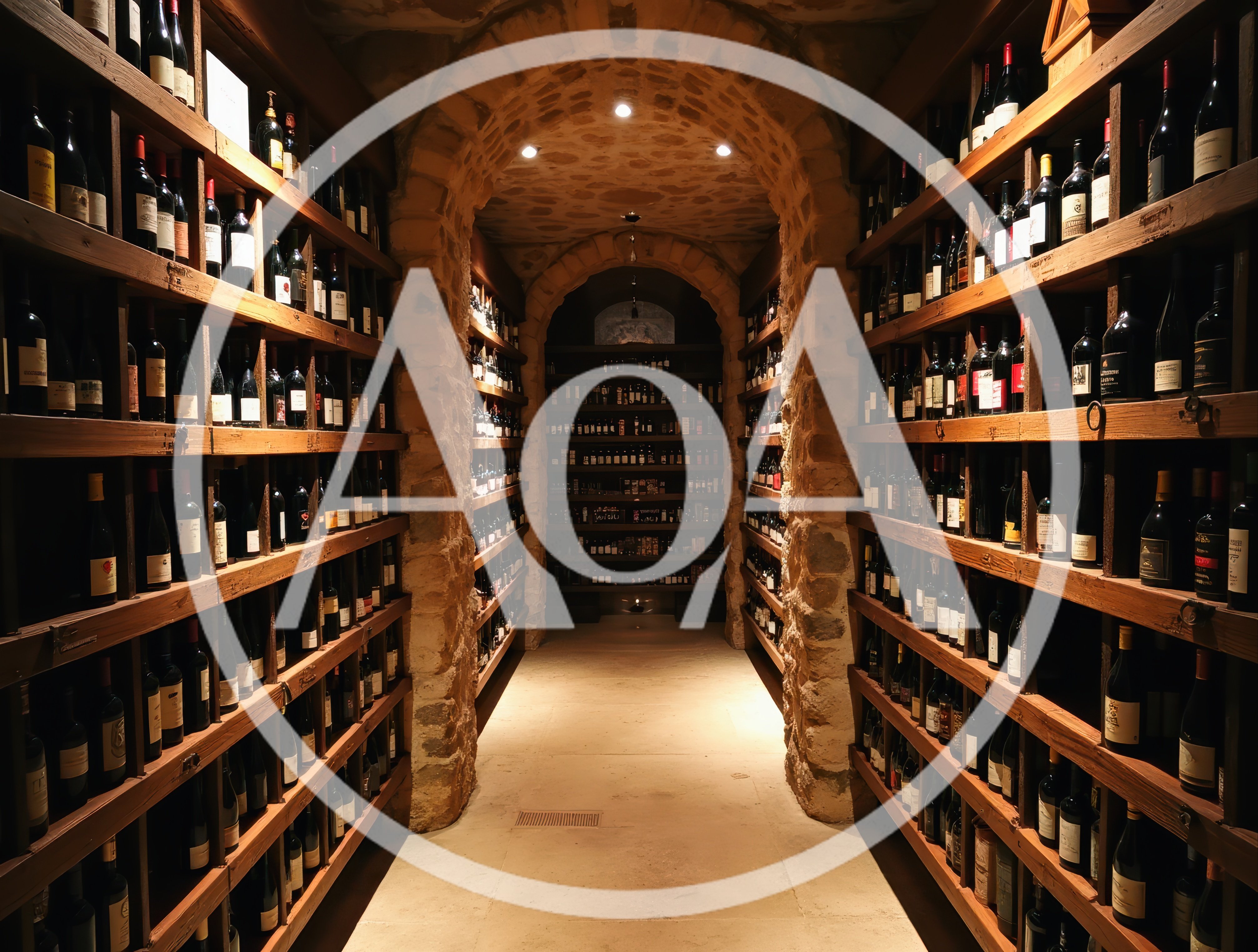 Wine Cellar With Stone Archway And Wooden Shelves