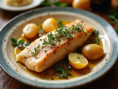 Pan Seared White Fish Fillet With Potatoes And Herbs