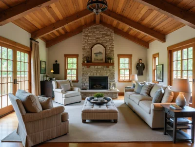 Cozy Living Room With Stone Fireplace And Vaulted Ceiling