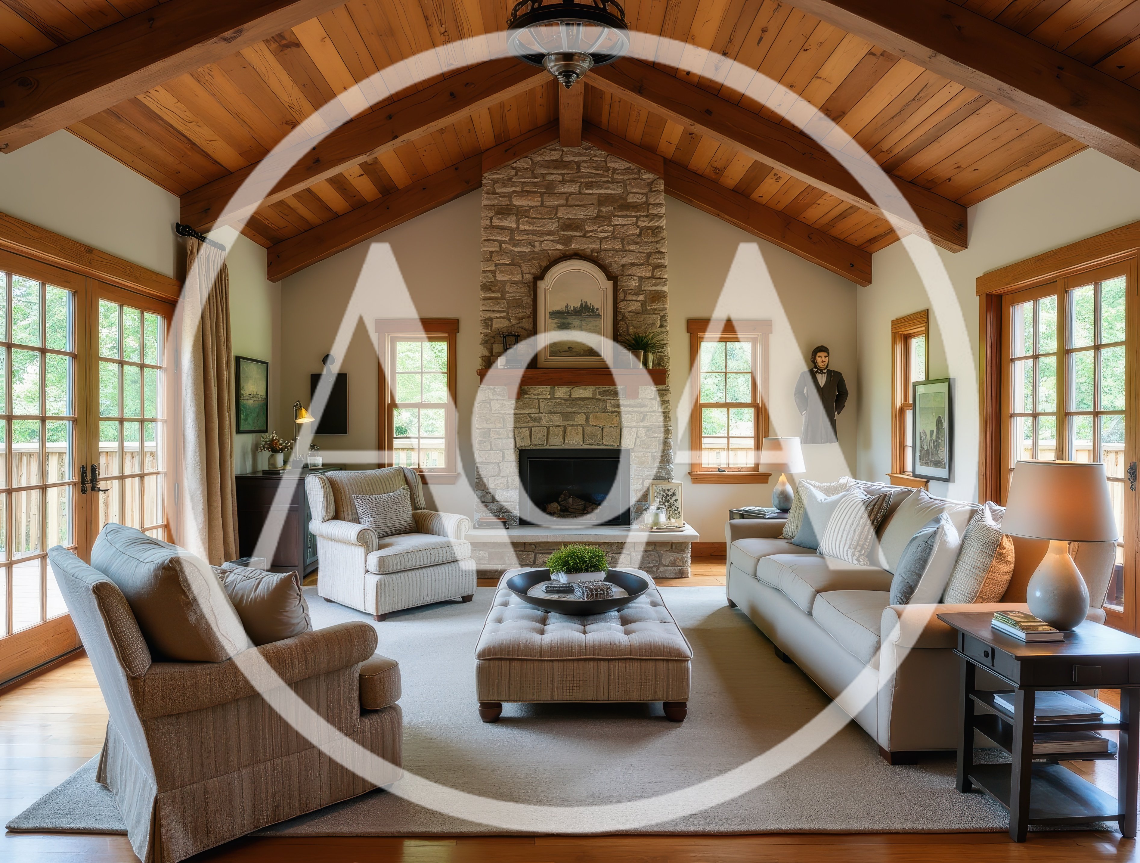 Cozy Living Room With Stone Fireplace And Vaulted Ceiling